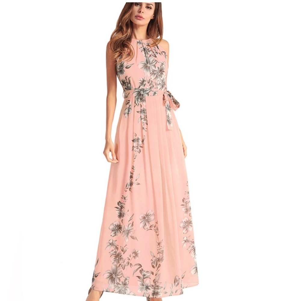 Ruiyige Pink and Grey Formal Sleeveless Maxi Chiffon Halter Neck Vintage Dress